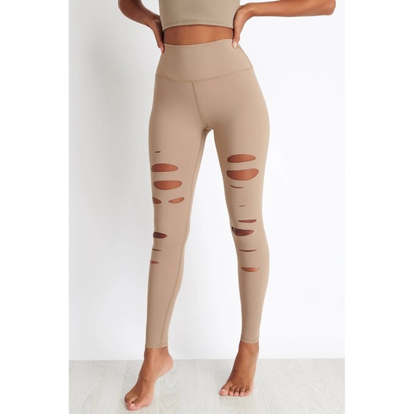 ALO Yoga Pants - Alo Yoga Ripped Warrior Leggings S Gravel Tan High Waist Laser Cut Athleisure